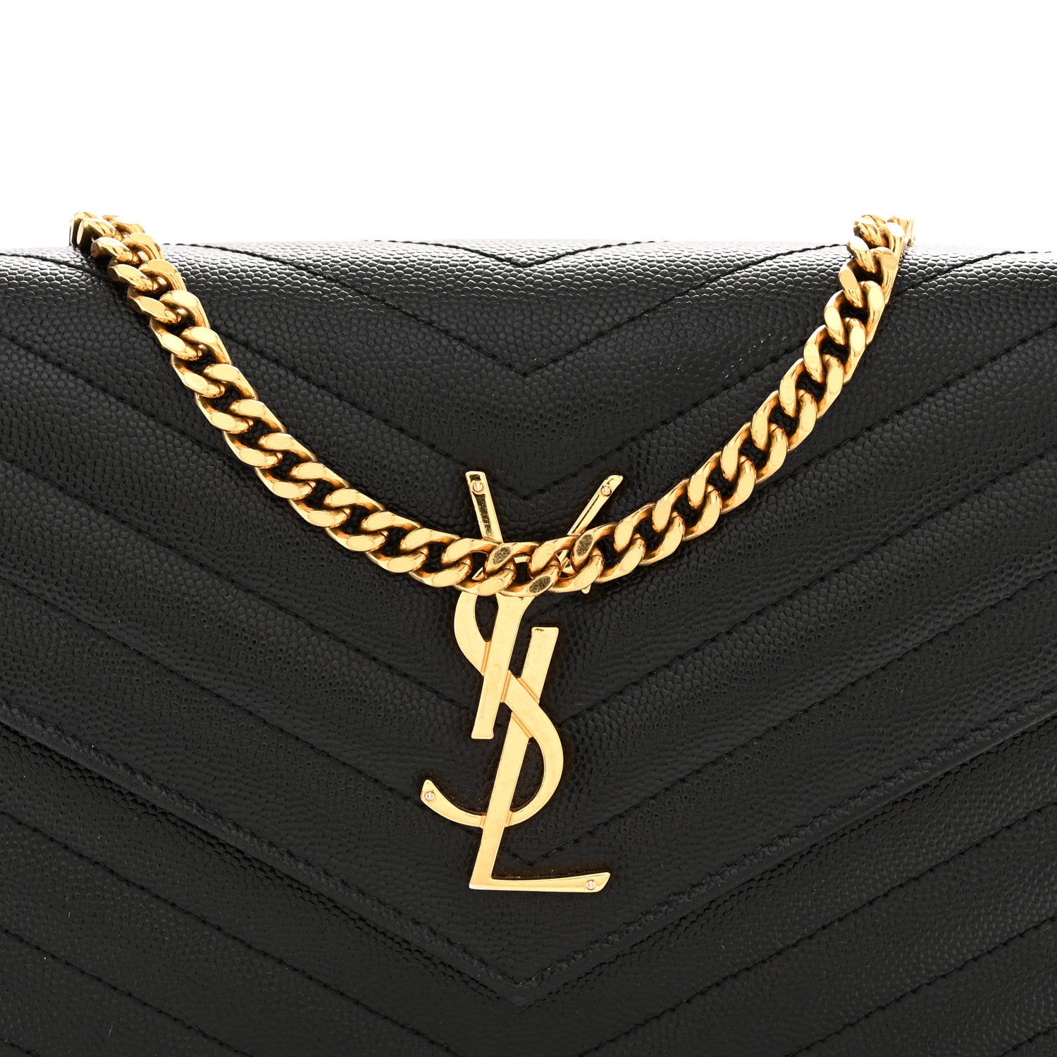 Saint Laurent Grain De Poudre Matelasse Chevron Monogram Chain Wallet Black 7 of 12