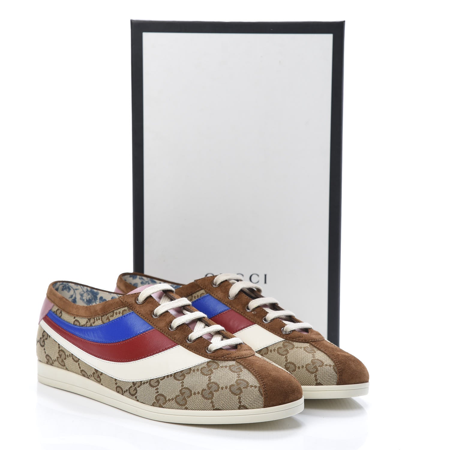 Gucci Suede Monogram Web Womens Falacer Sneakers 42 Nocciola Beige Mystic White Hibiscus Red 10 of 10
