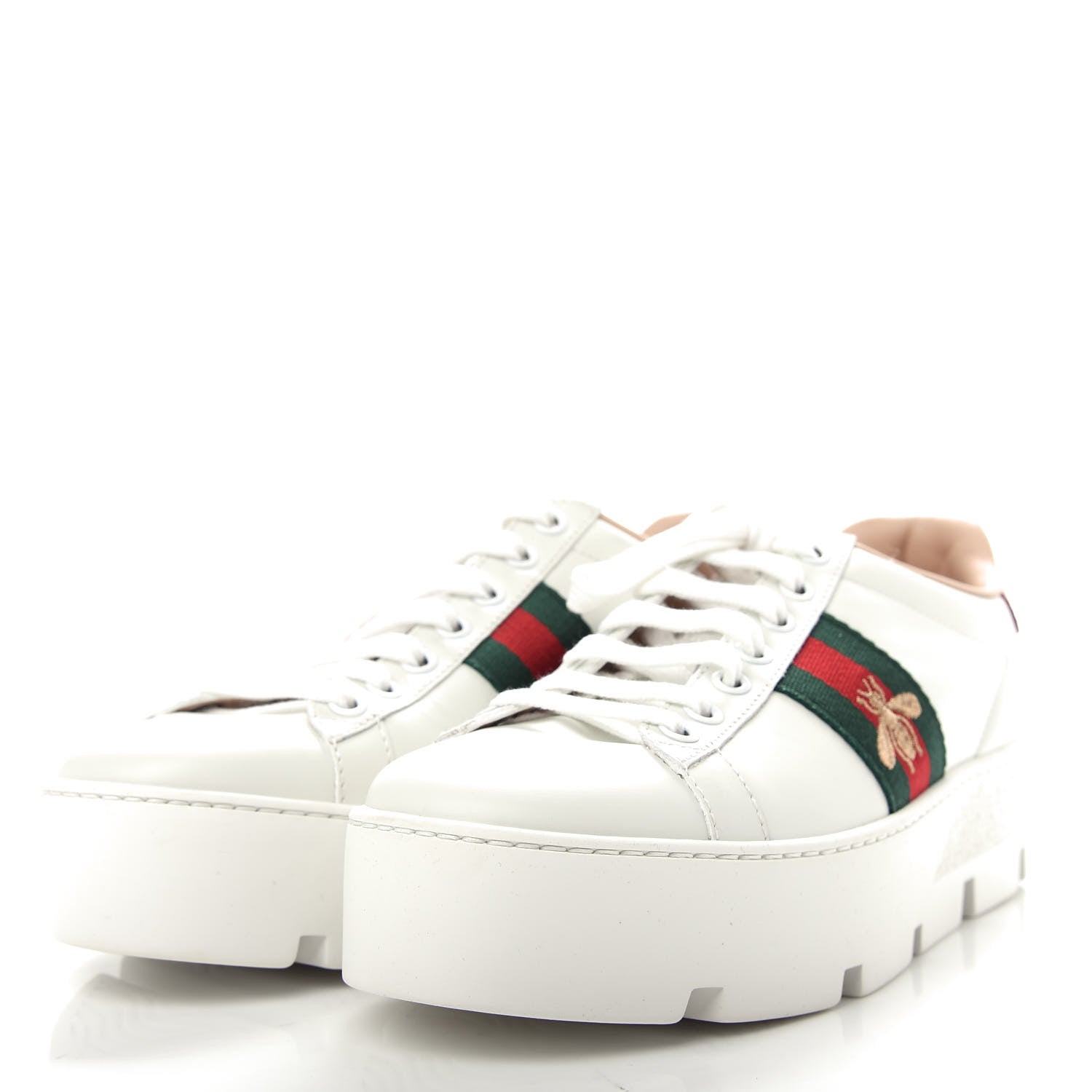 Gucci Calfskin Web Bee Embroidered Womens Ace Platform Sneakers 37 White 3 of 11