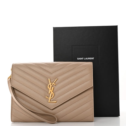 Saint Laurent Grain De Poudre Matelasse Chevron Monogram Envelope Clutch Dark Beige 13 of 13
