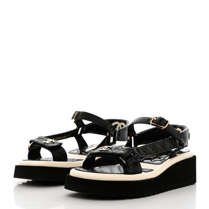 Chanel Lambskin Logo Platform Sandals 37 Black White 3 of 9