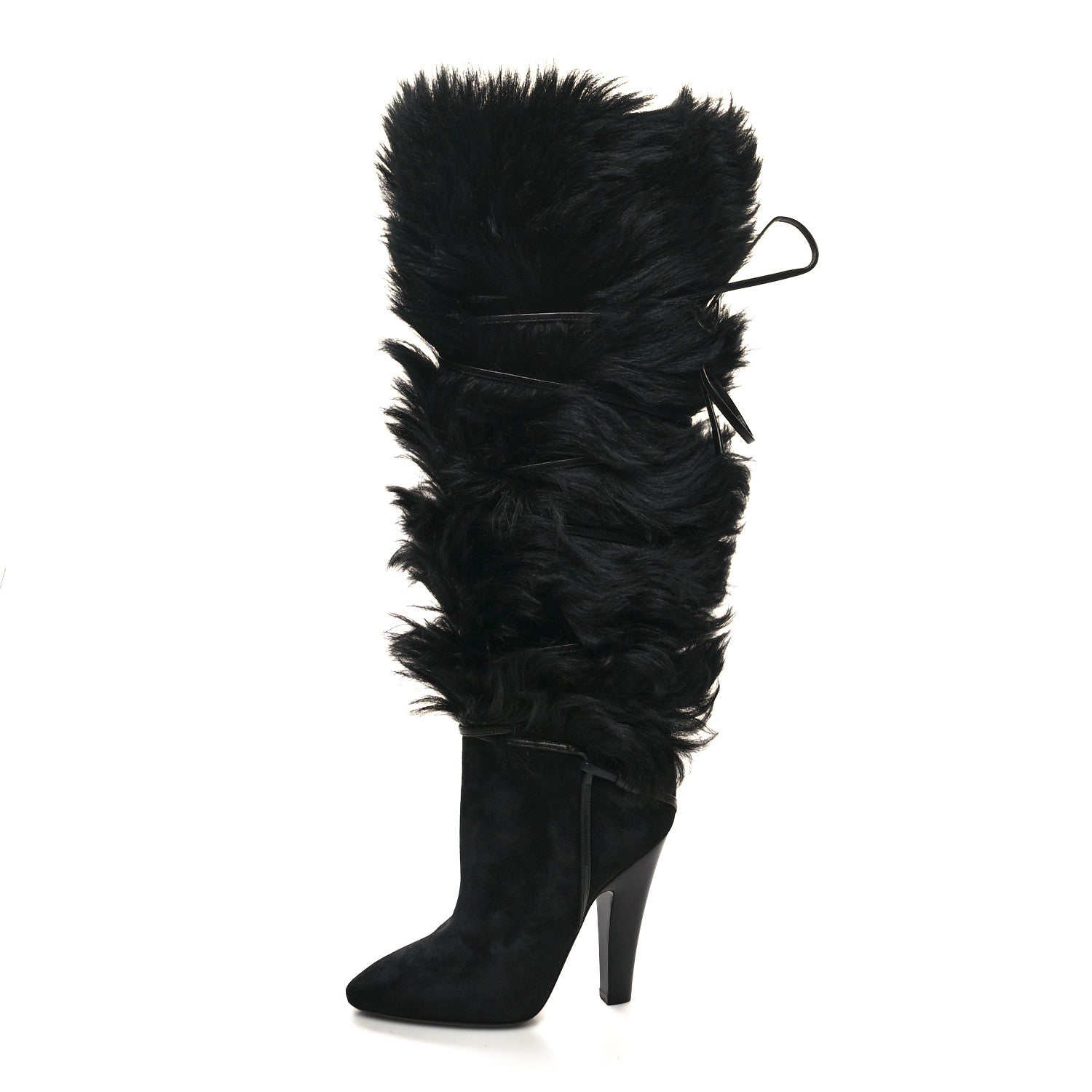 Saint Laurent Suede Faux Fur Jokull 105 Over The Knee Boots 38 Black 1 of 7