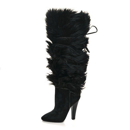 Saint Laurent Suede Faux Fur Jokull 105 Over The Knee Boots 38 Black 1 of 7