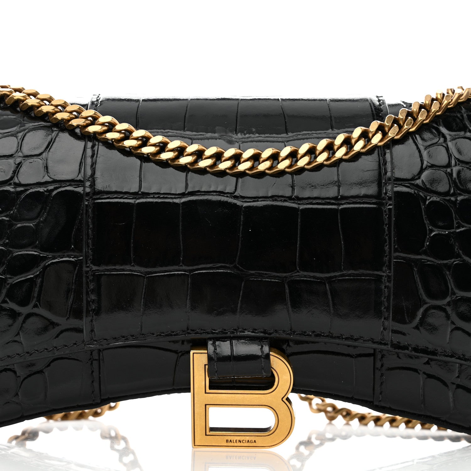 Balenciaga Shiny Calfskin Crocodile Embossed Hourglass Chain Bag Black 7 of 10