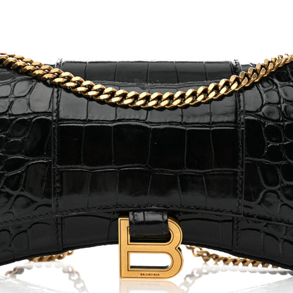 Balenciaga Shiny Calfskin Crocodile Embossed Hourglass Chain Bag Black 7 of 10