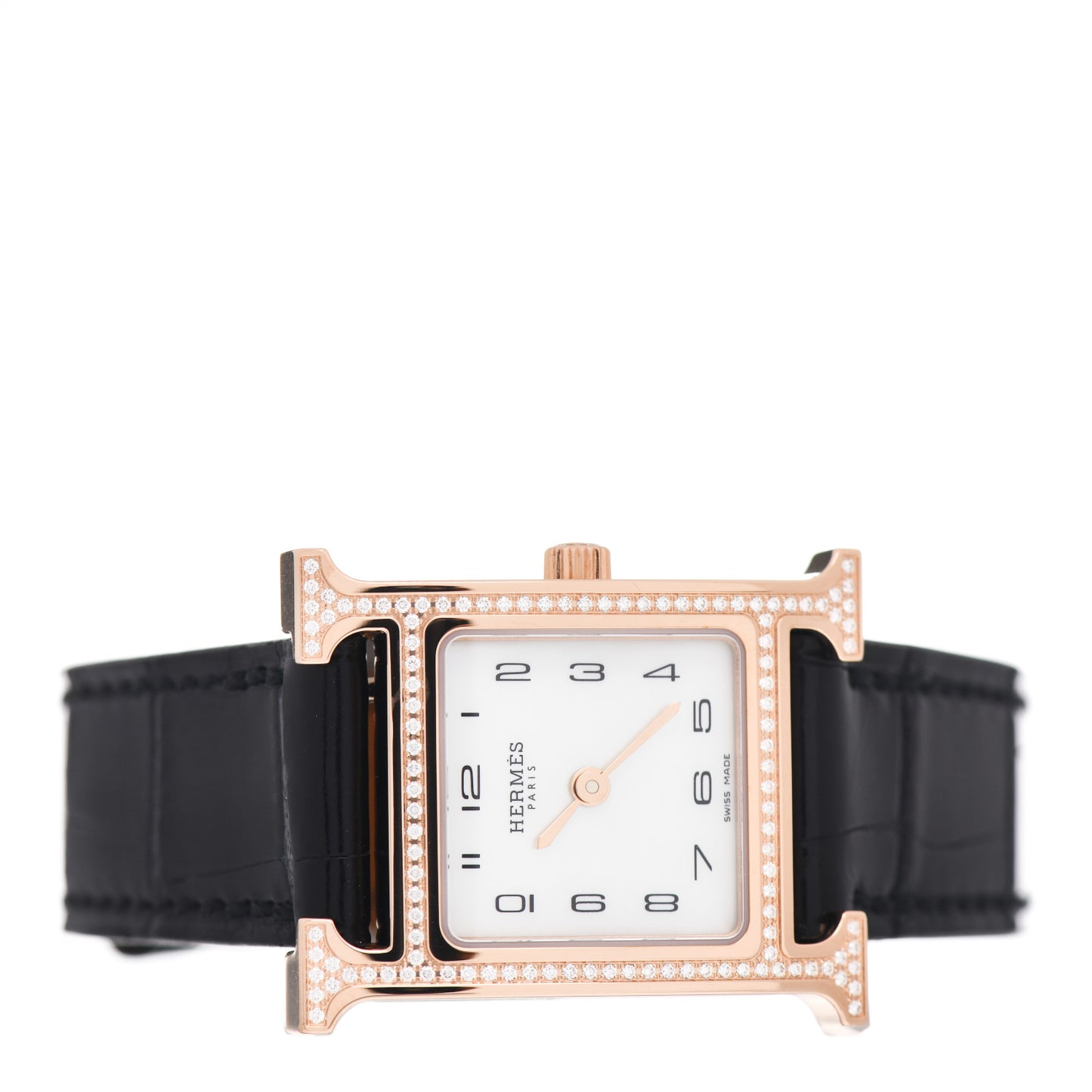 18K Rose Gold Alligator Diamond Bezel Mother of Pearl 21mm Heure H Hour Quartz Watch Noir