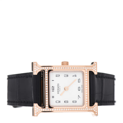 Hermes 18K Rose Gold Alligator Diamond Bezel Mother of Pearl 21mm Heure H Hour Quartz Watch Noir 2 of 5