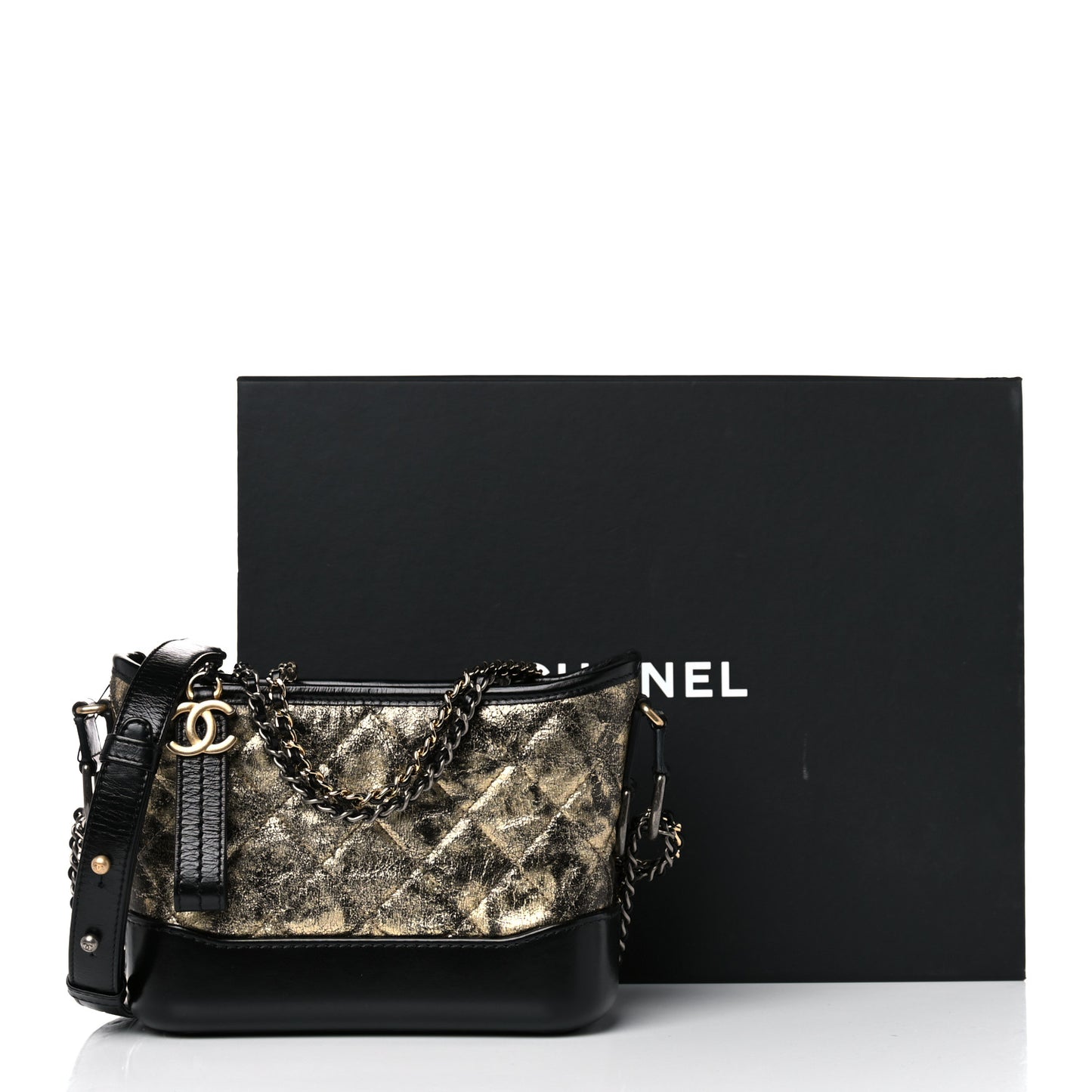 Metallic Crumpled Goatskin Quilted Small Gabrielle Hobo Black Gold