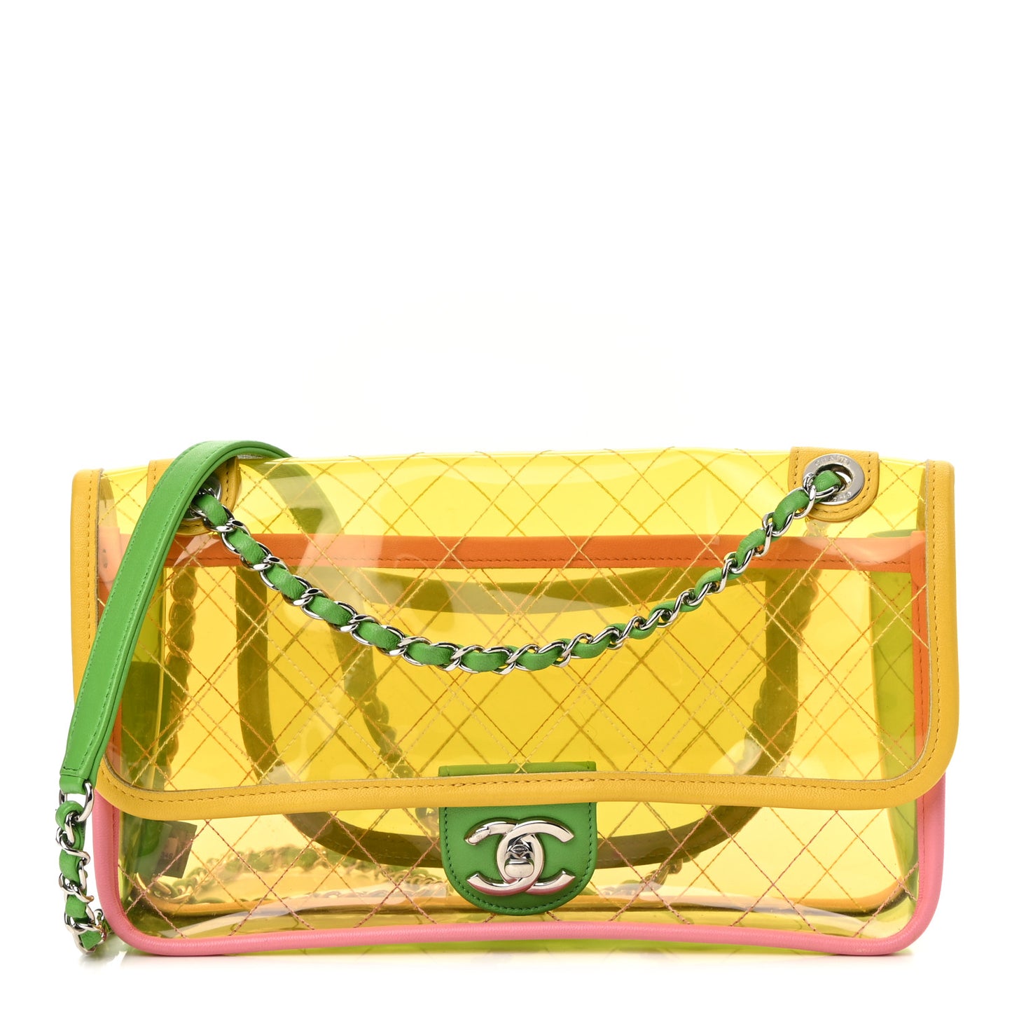 PVC Lambskin Stitched Medium Coco Splash Flap Yellow Green Pink