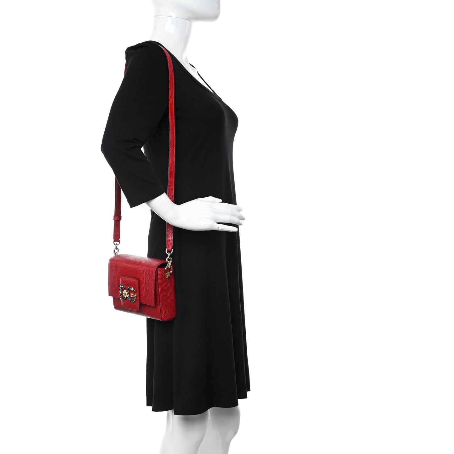 Lizard Embossed Crystal Embellished DG Millennials Mini Crossbody Bag Red
