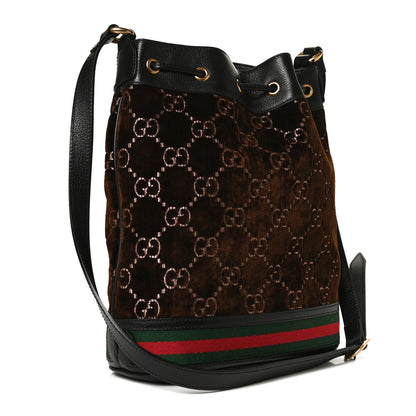 Gucci Velvet GG Monogram Textured Calfskin Web Bucket Bag Brown Black 3 of 12