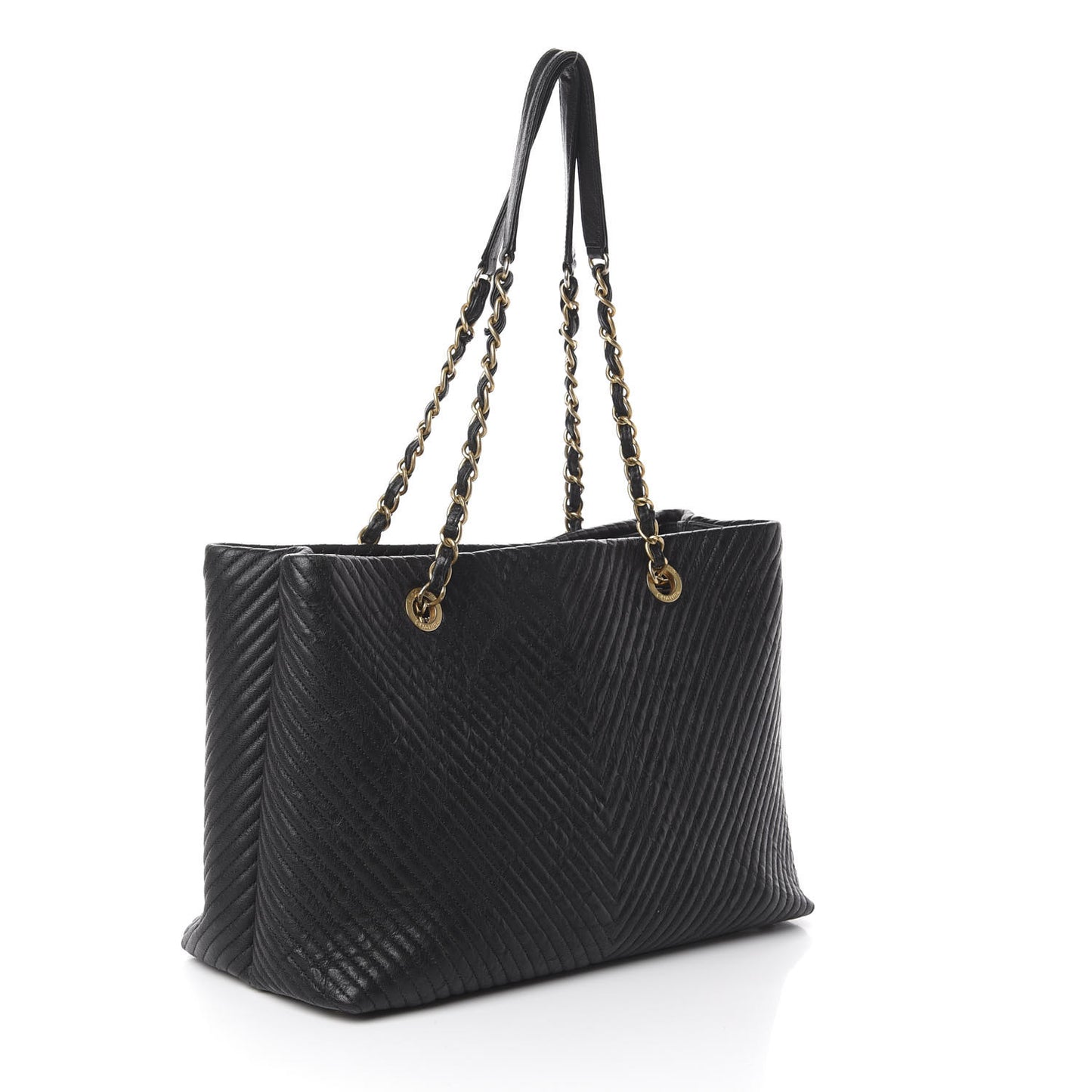 Wrinkled Lambskin Chevron Quilted Large Surpique Tote Black