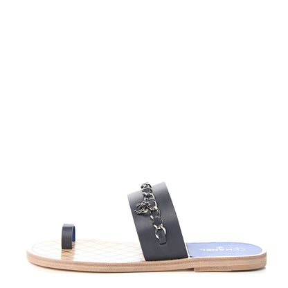 Chanel Calfskin Chain CC Logo Toe Ring Sandals 37.5 Black 1 of 9