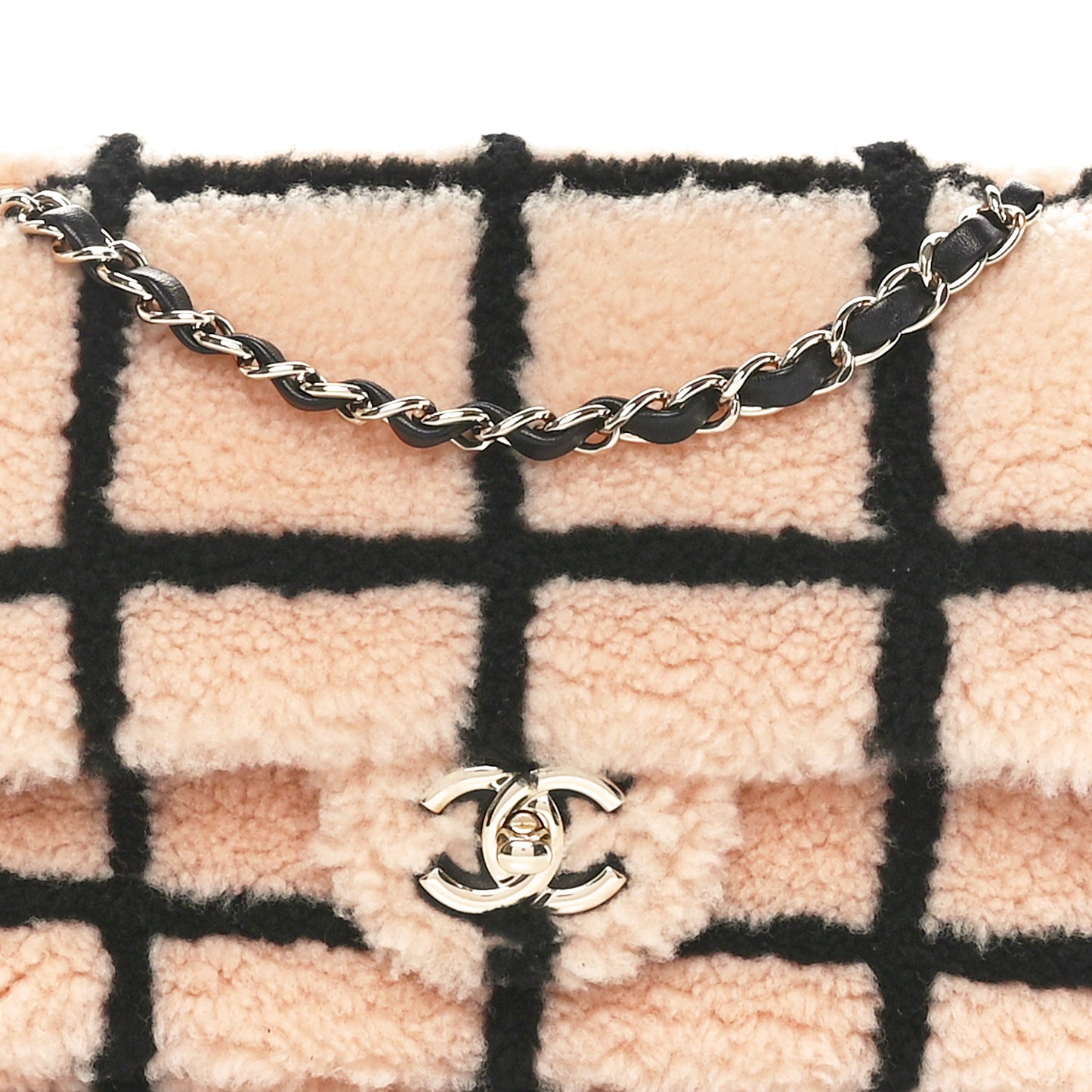 Shearling Lambskin Large Fluffy Tartan Single Flap Pink Black