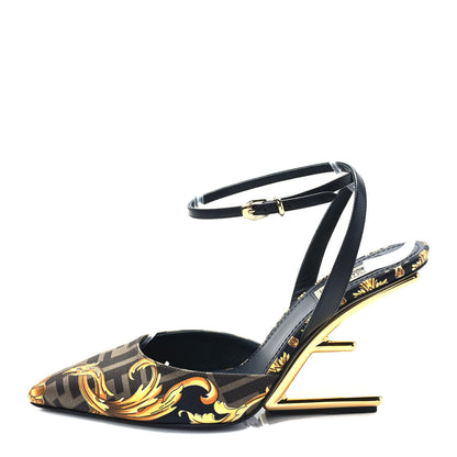 Fendi X VERSACE Silk Calfskin Fendace Fendi First 95mm Slingback Sandals 39 Tobacco Black Gold 1 of 8