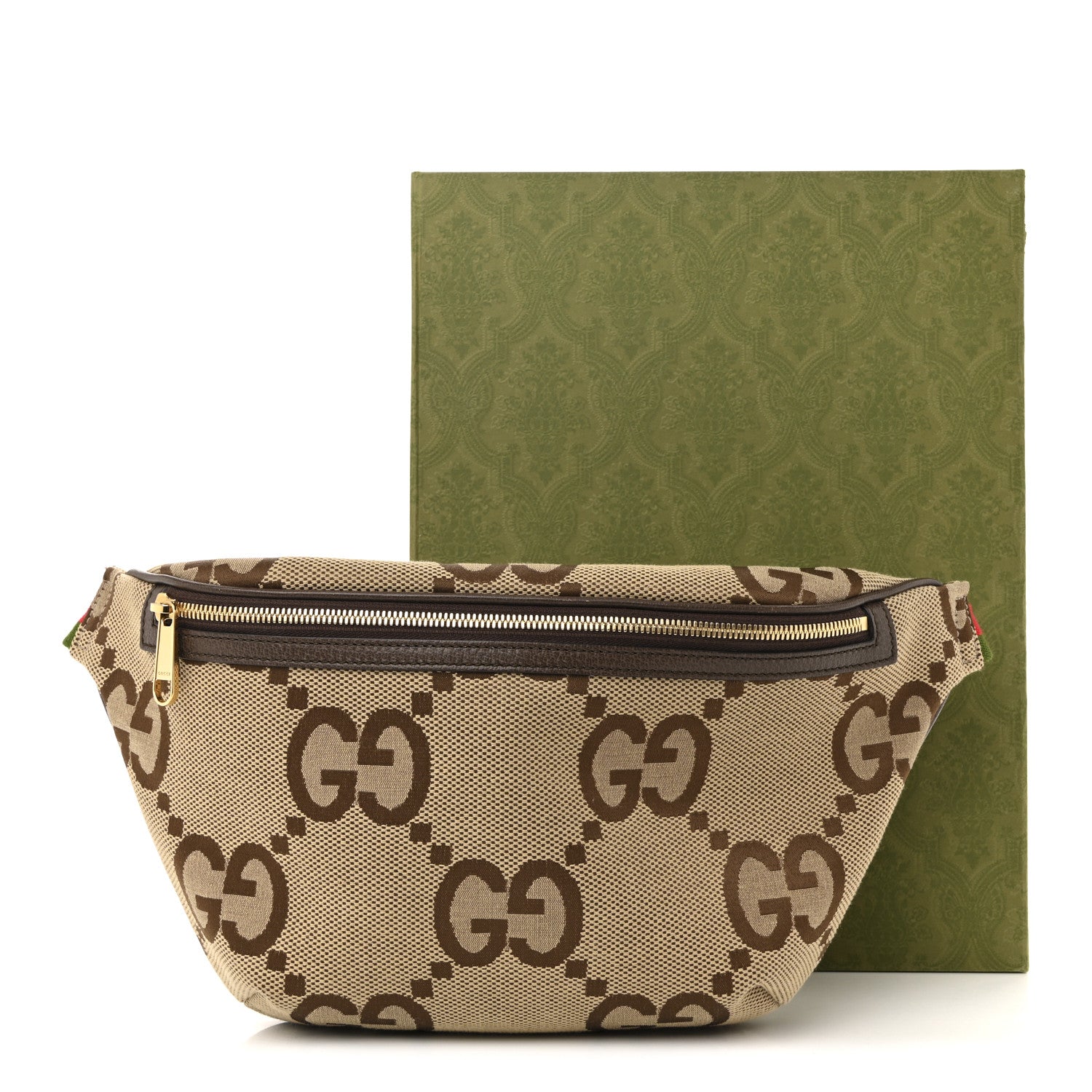 Gucci Monogram Jumbo GG Textured Dollar Calfskin Web Belt Bag Camel Ebony New Acero 15 of 15