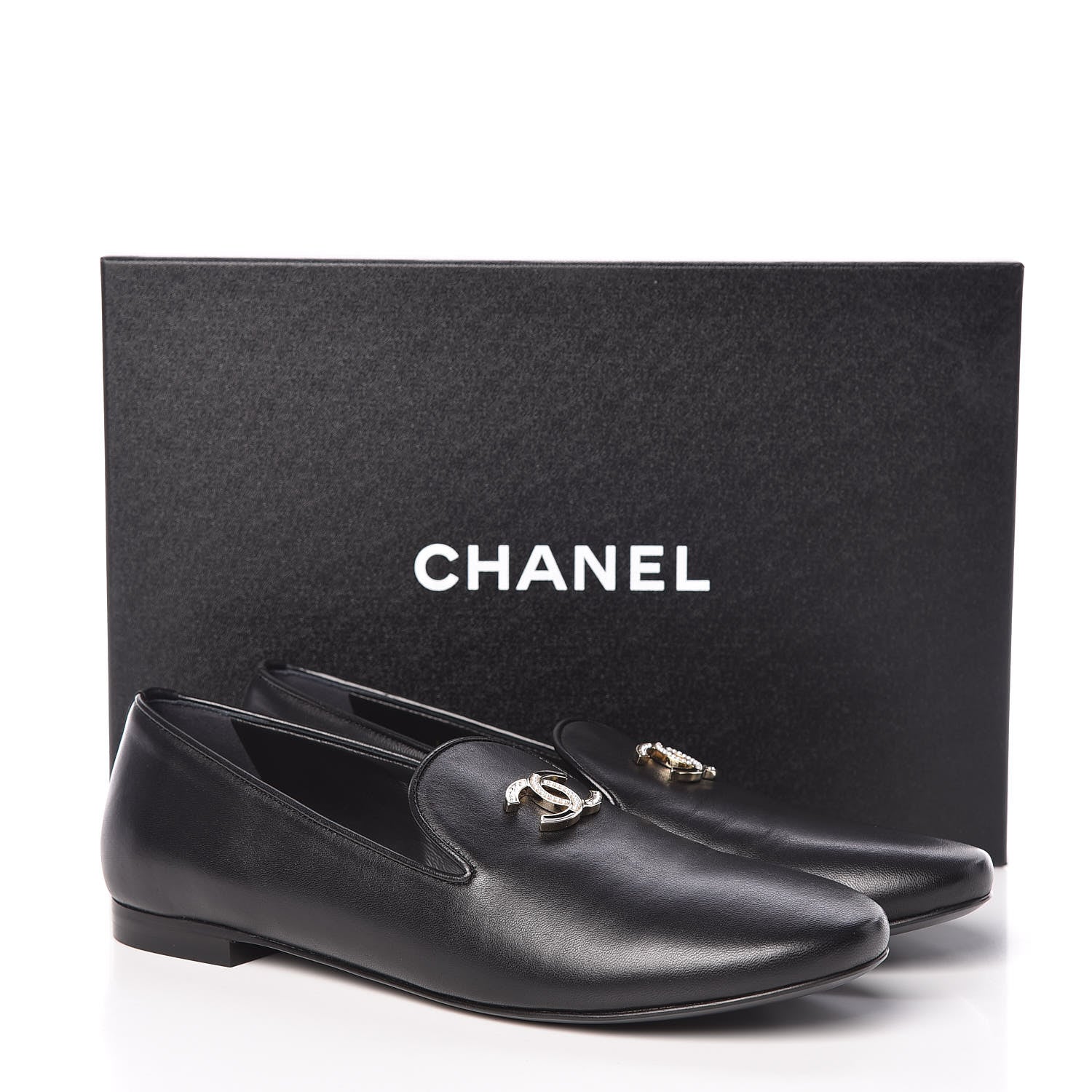 Chanel Enamel Pearl Crystal Lambskin CC Mocassin Loafers 38 Black 8 of 8