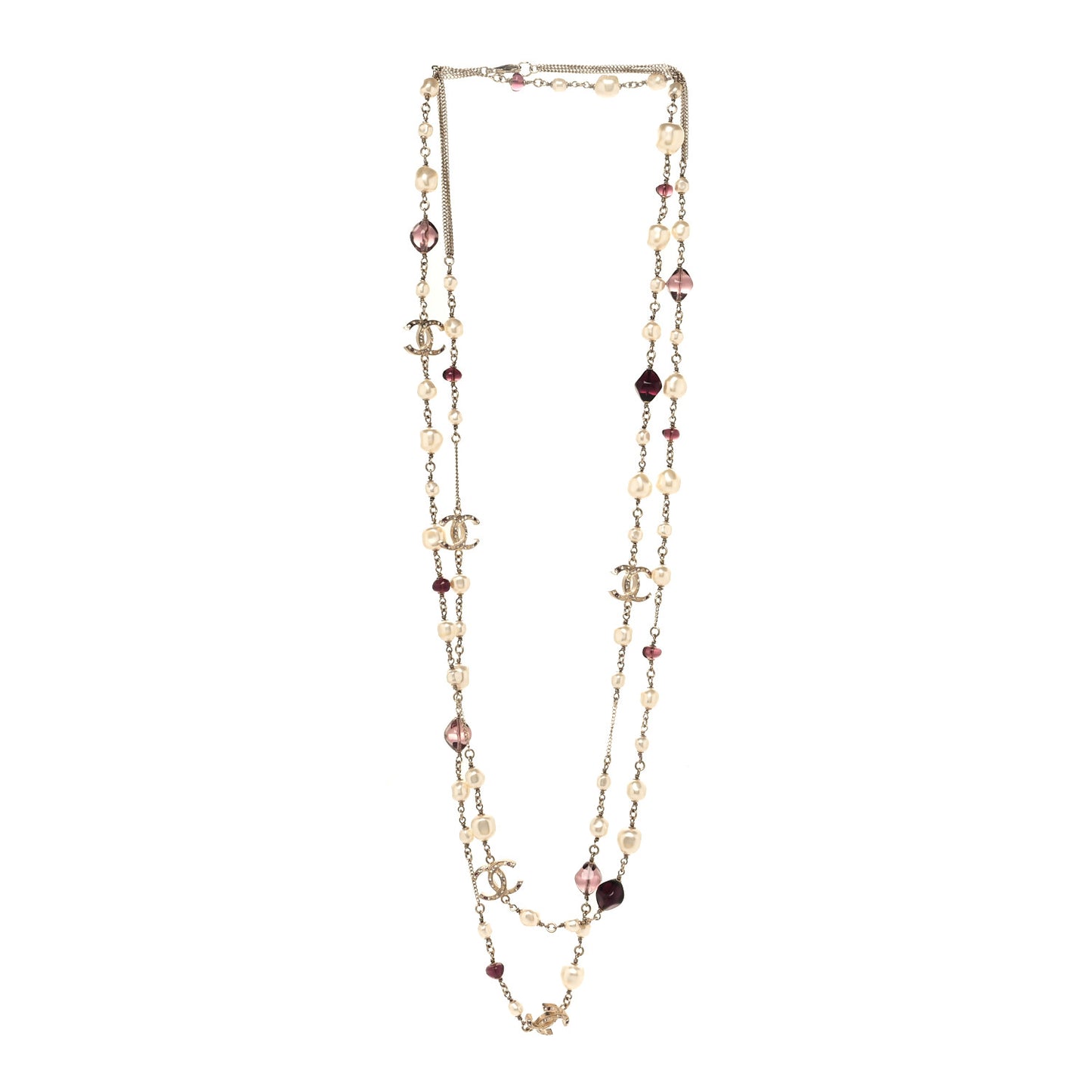 Beaded Pearl Crystal CC Long Strand Necklace Gold Purple