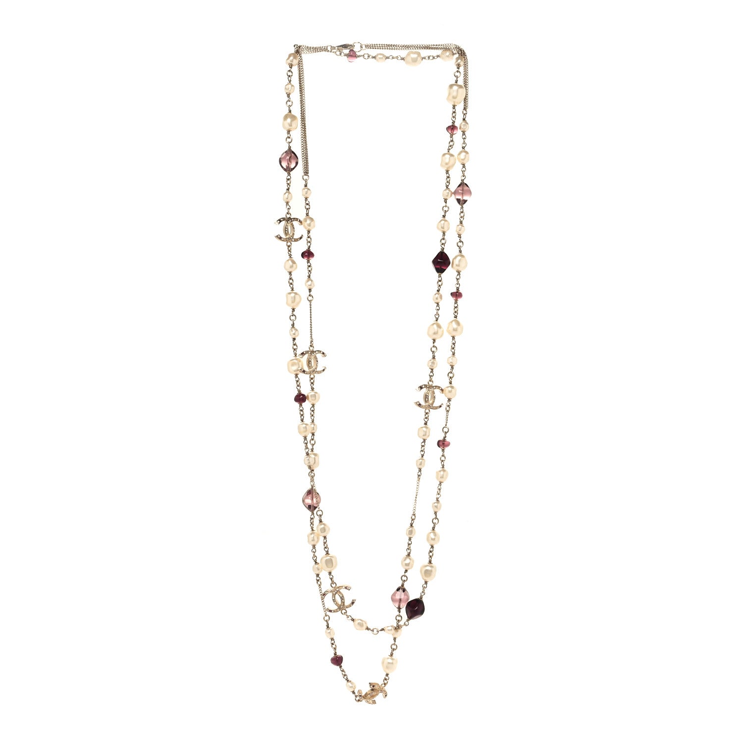 Chanel Beaded Pearl Crystal CC Long Strand Necklace Gold Purple 3 of 4