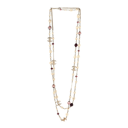 Chanel Beaded Pearl Crystal CC Long Strand Necklace Gold Purple 3 of 4