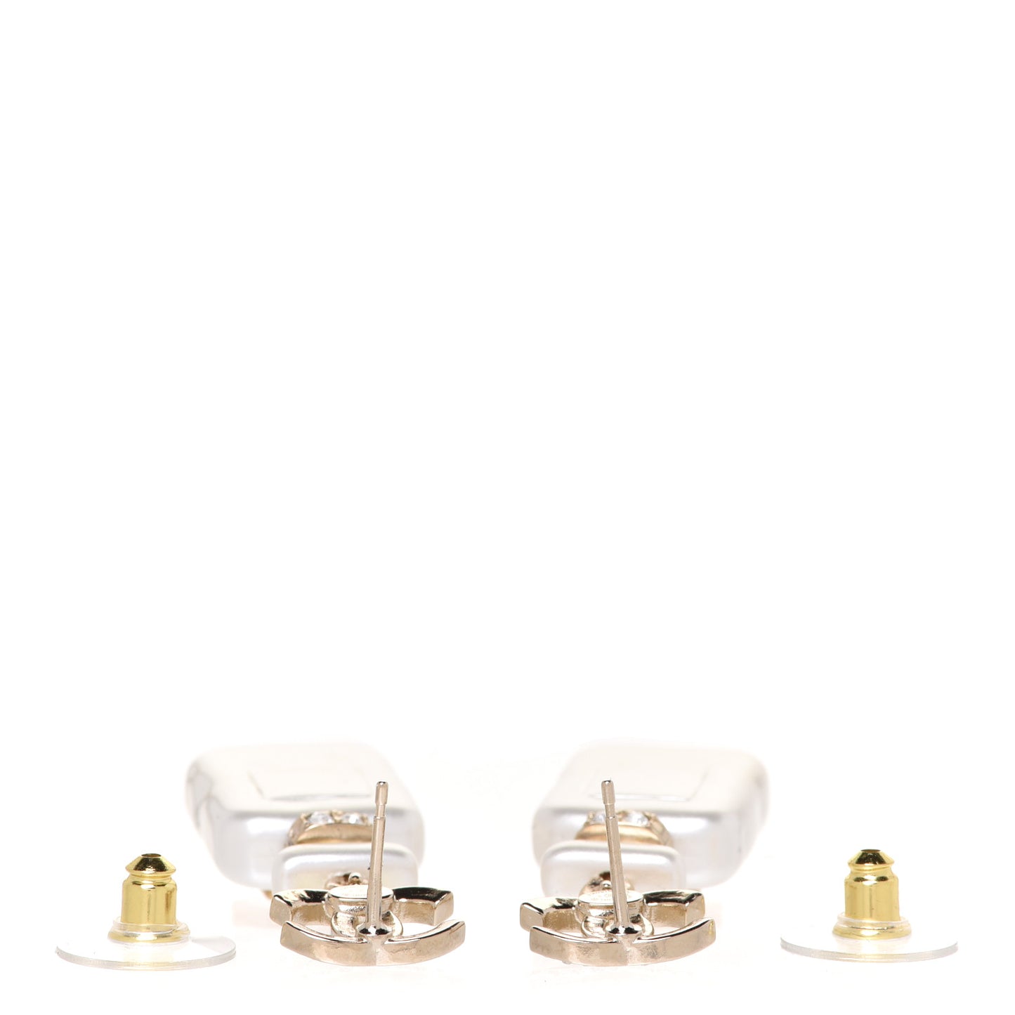 Pearl Resin Crystal CC No 5 Perfume Bottle Drop Earrings Gold Pearly White