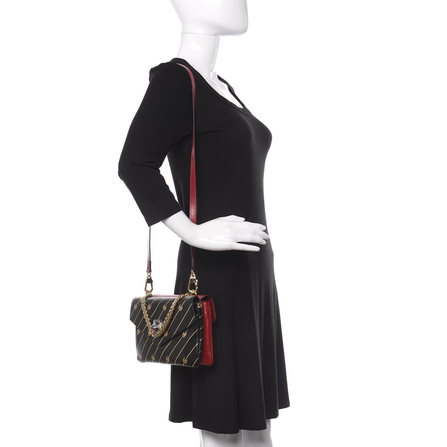 Gucci Calfskin Diagonal GG Medium Thiara Double Envelope Shoulder Bag Black Red 2 of 11