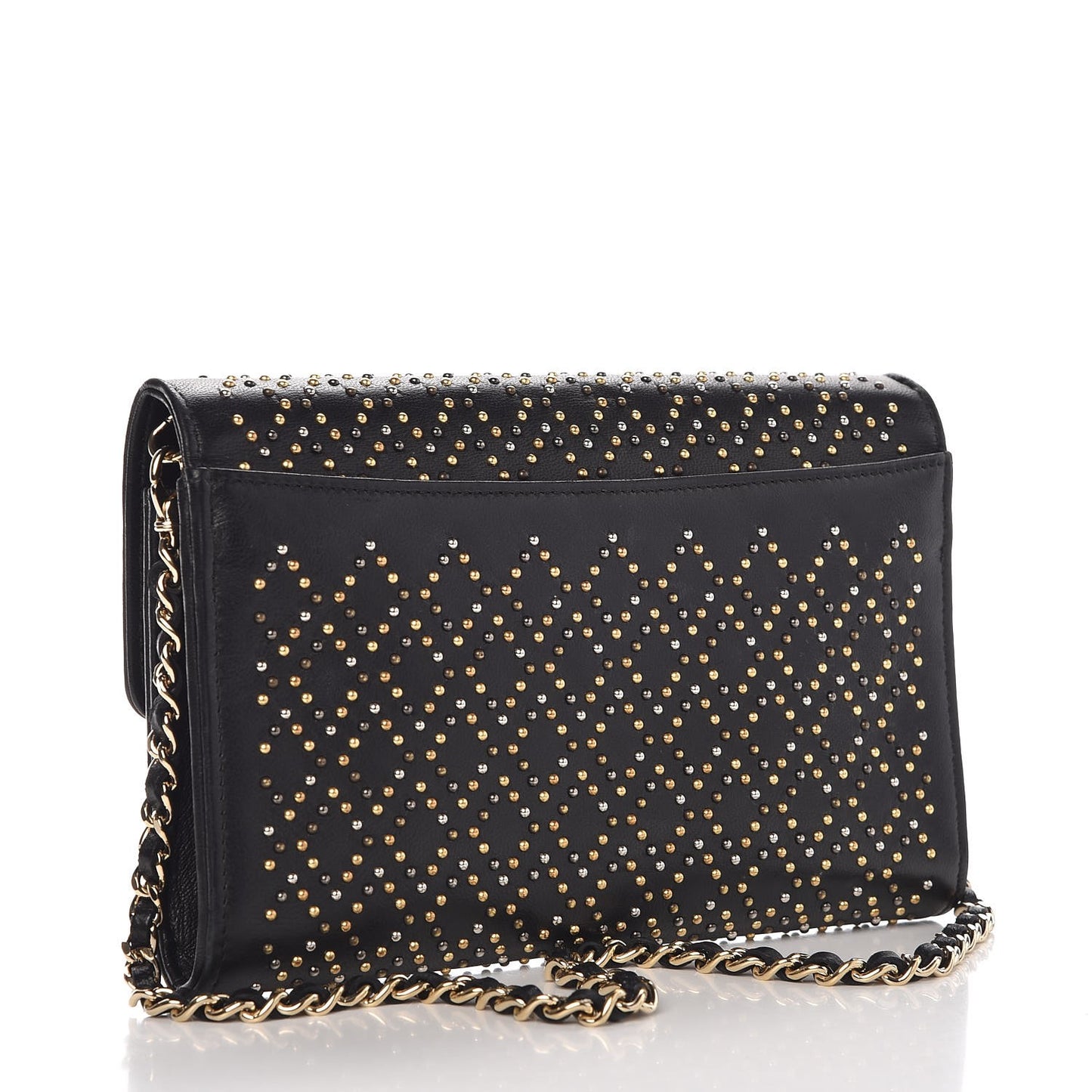 Lambskin Studded Chain Wallet Black