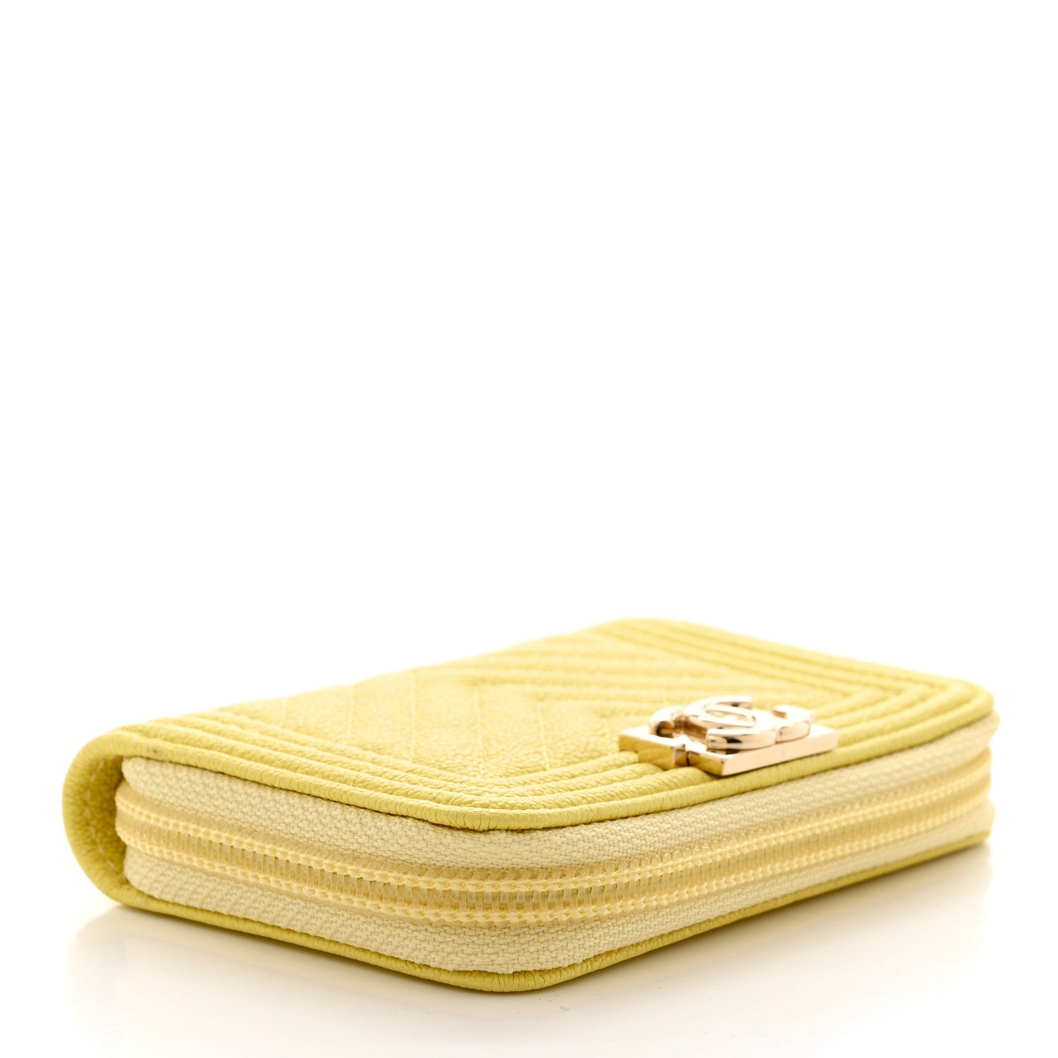 Chanel Caviar Chevron Quilted Boy Zip Around Coin Purse Wallet Yellow 4 of 8