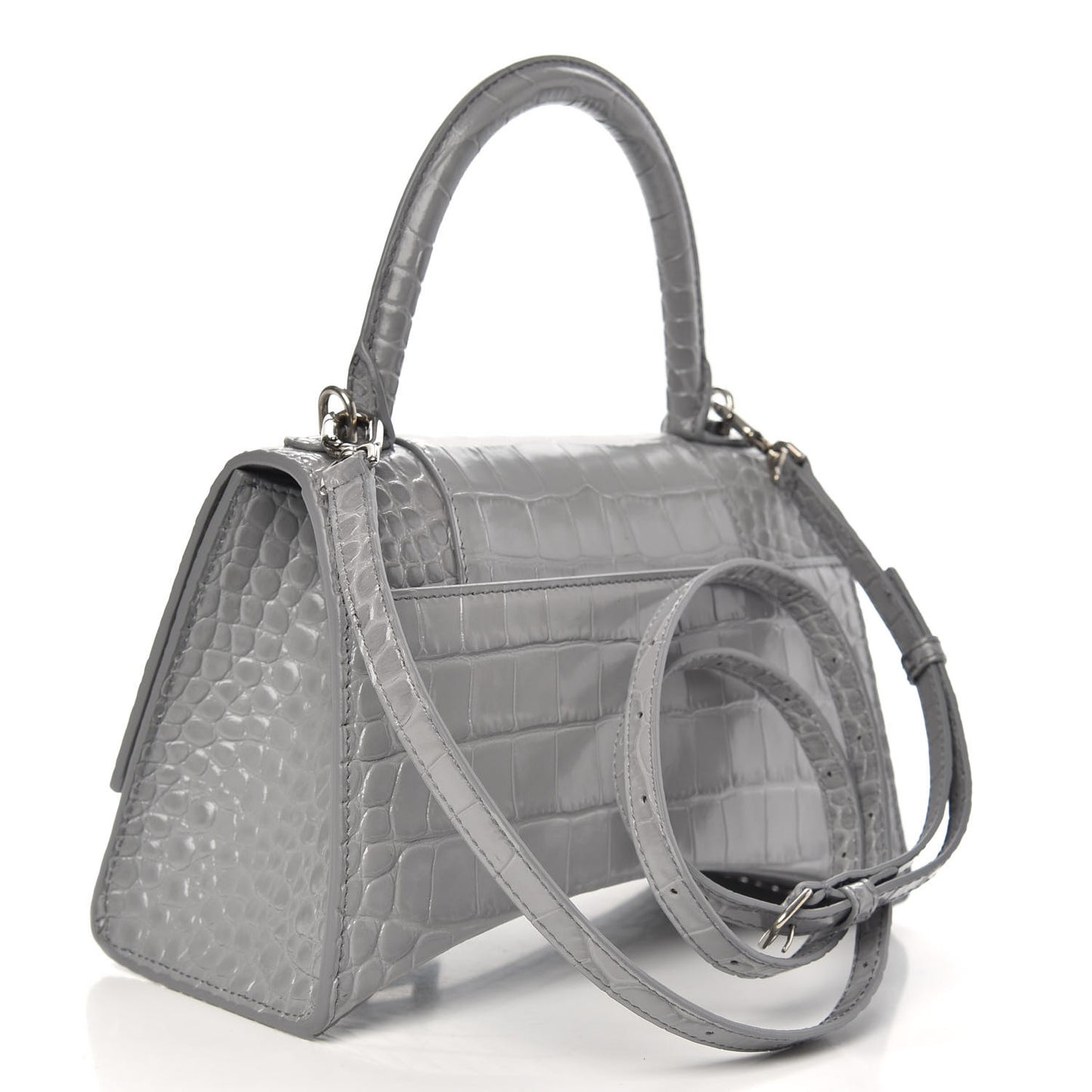 Shiny Calfskin Crocodile Embossed Small Hourglass Top Handle Bag Balenciaga Grey