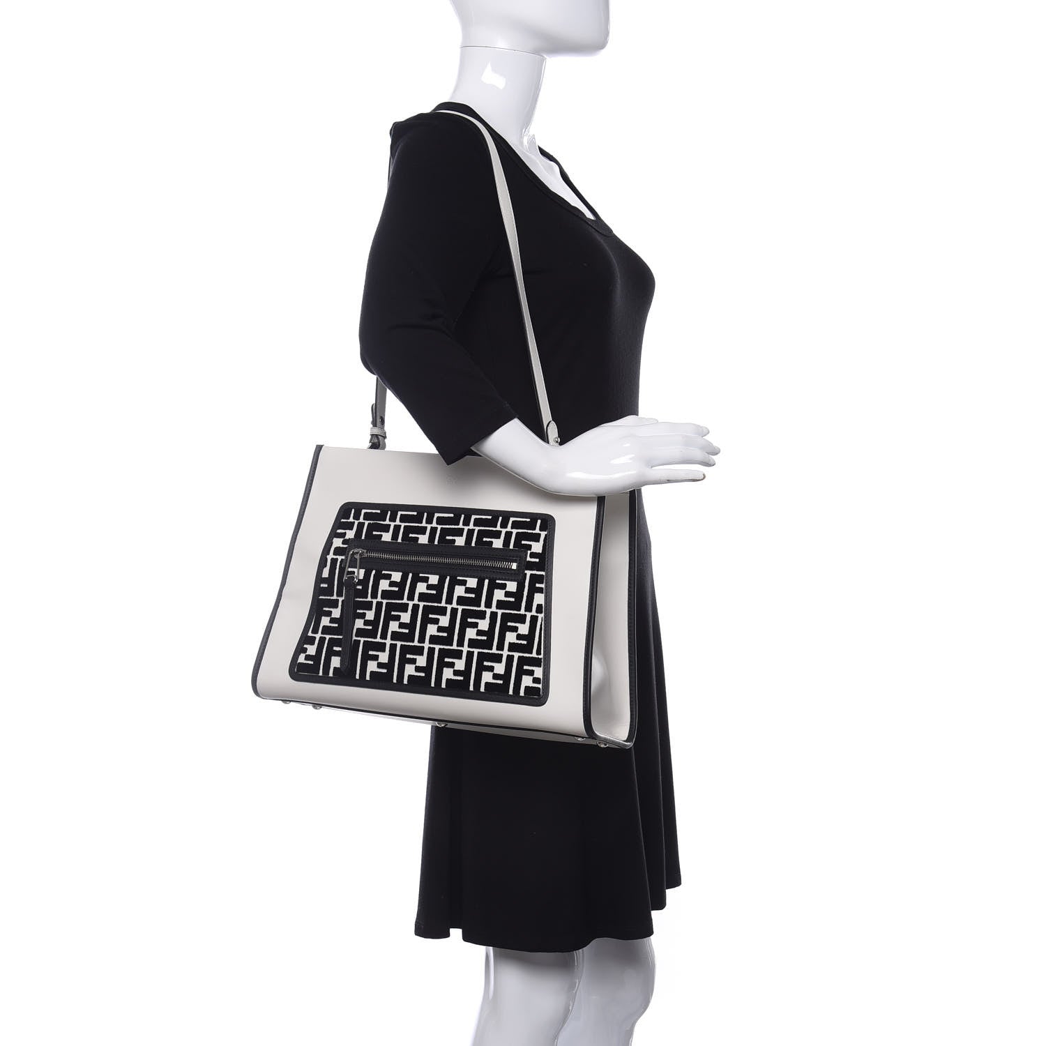 Fendi Vitello Century Velvet F is Fendi FF Embroidered Regular Runaway Satchel White Black 2 of 11