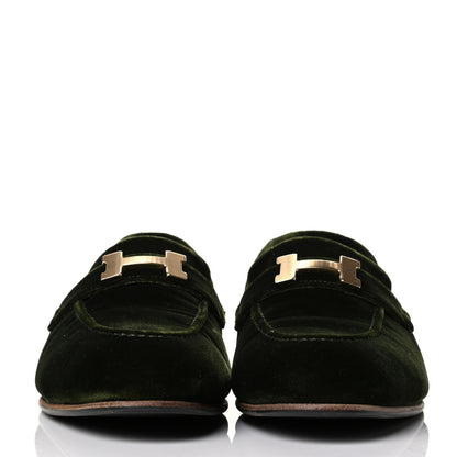 Hermes Velvet Womens Paris Loafers 39.5 Vert 2 of 6