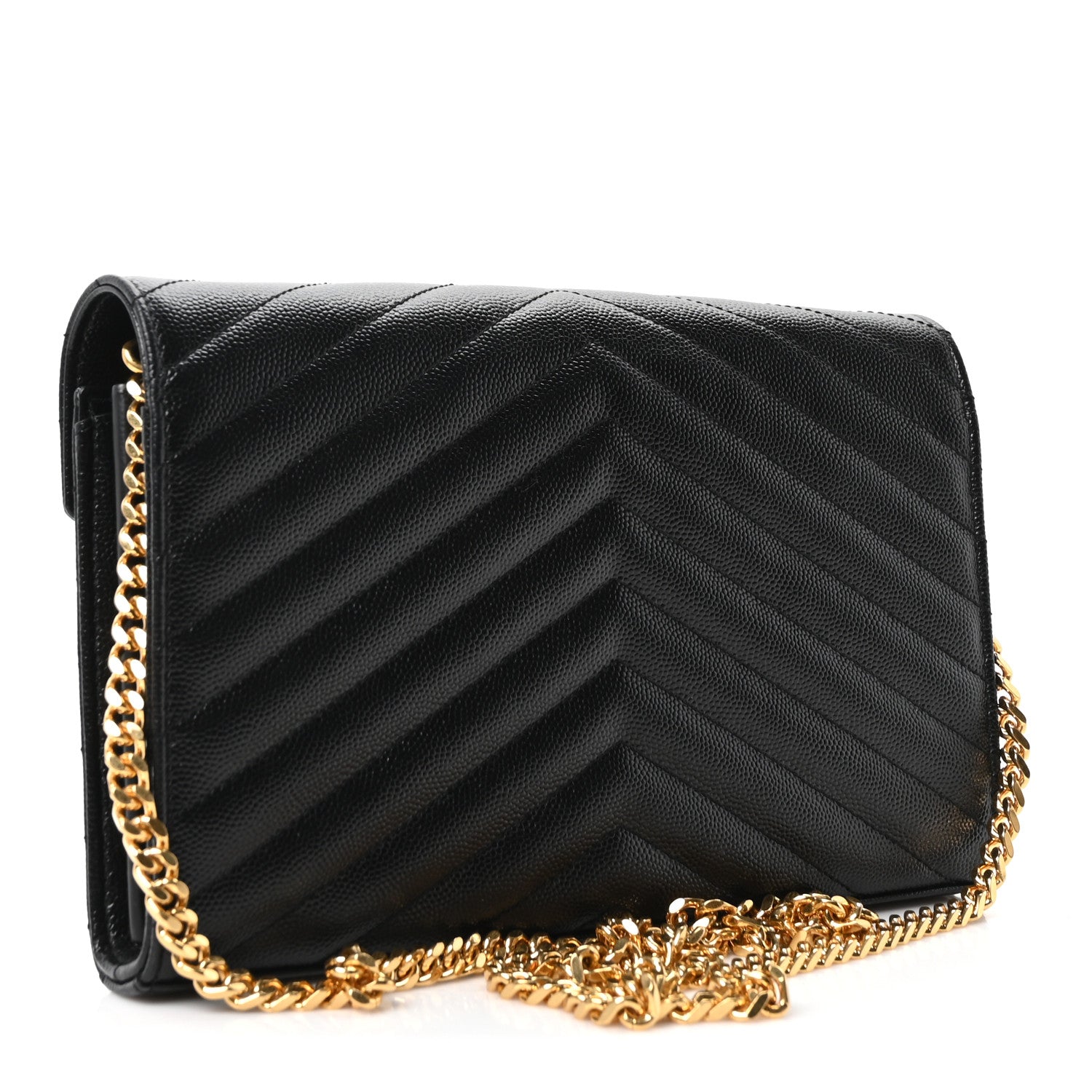 Saint Laurent Grain De Poudre Matelasse Chevron Monogram Chain Wallet Black 3 of 9