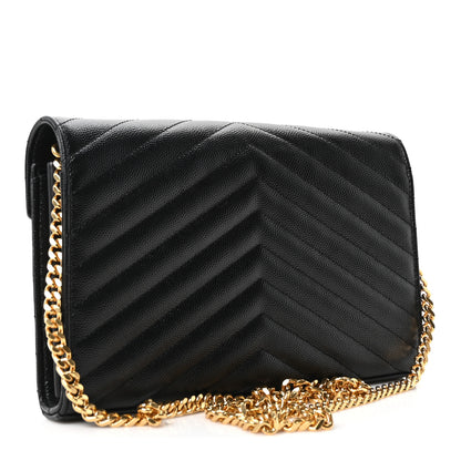 Saint Laurent Grain De Poudre Matelasse Chevron Monogram Chain Wallet Black 3 of 9