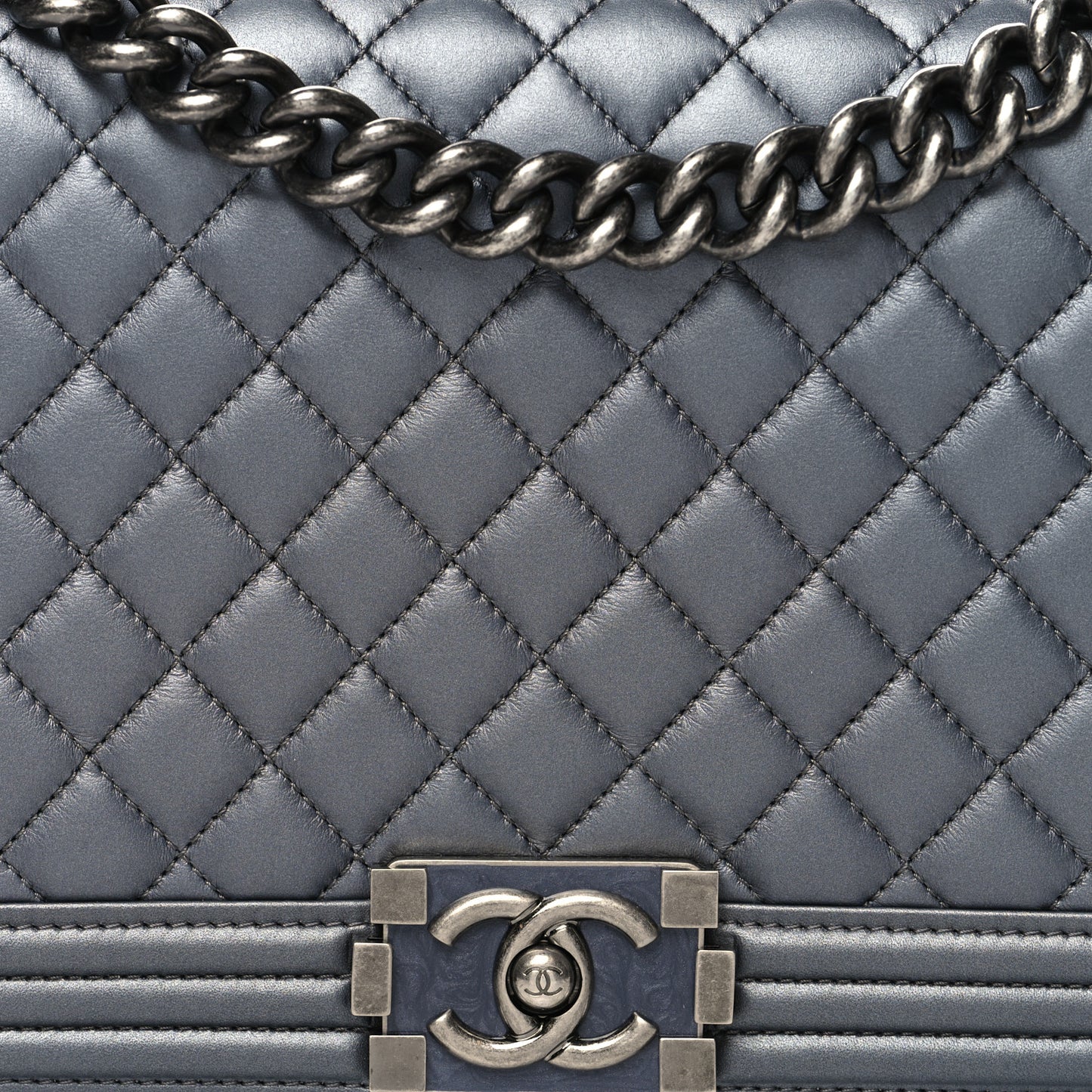 Metallic Calfskin Quilted New Medium Boy Flap Dark Silver