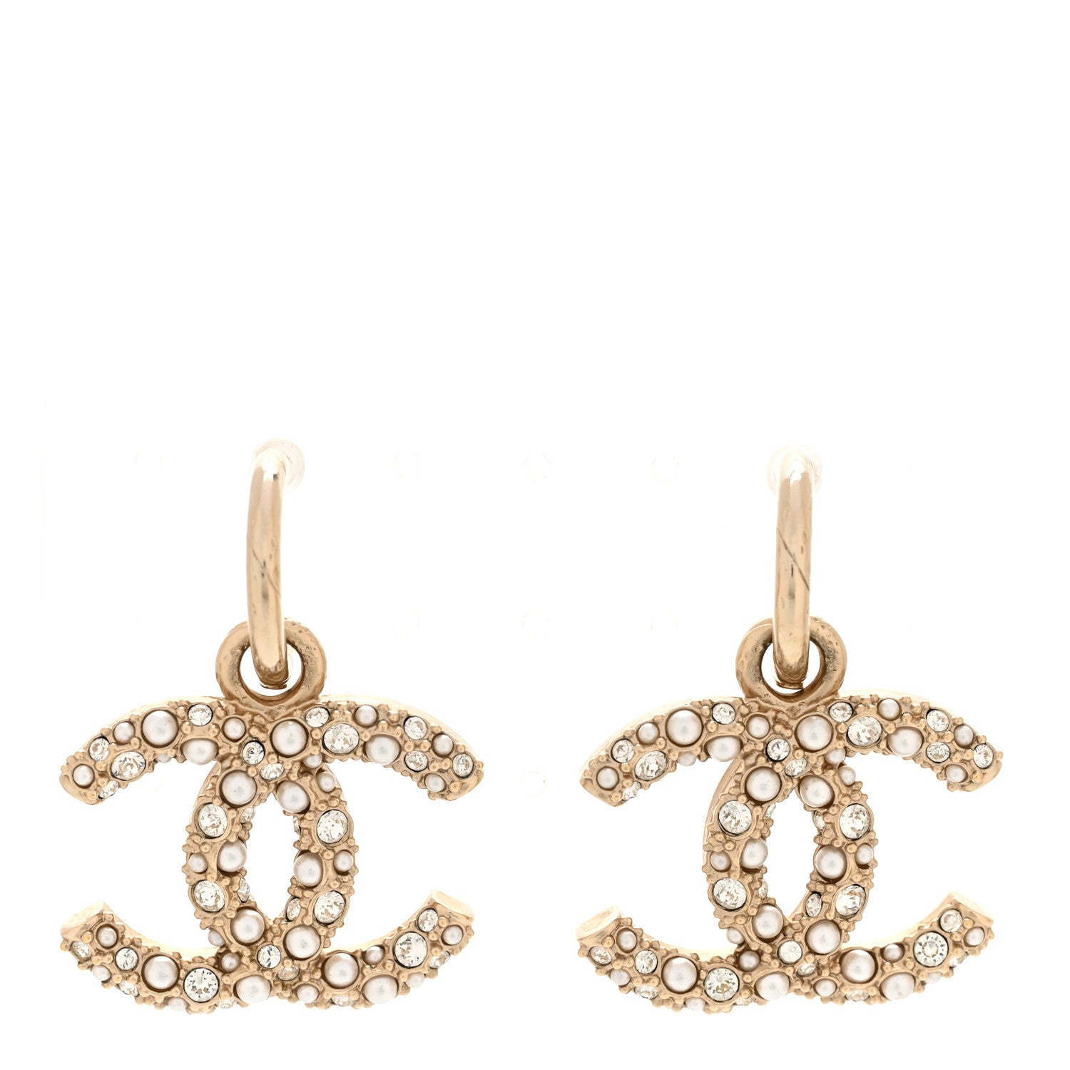 Chanel Crystal Pearls CC Drop Earrings Light Gold 1 of 4