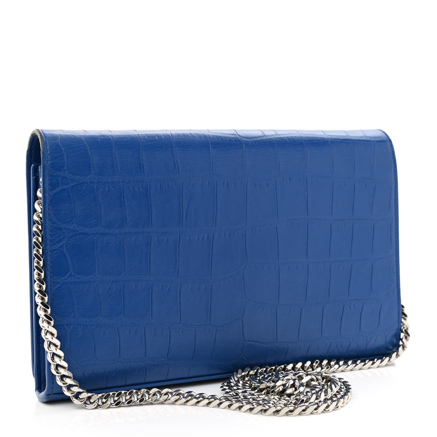 Calfskin Crocodile Embossed Monogram Chain Wallet Royal Blue