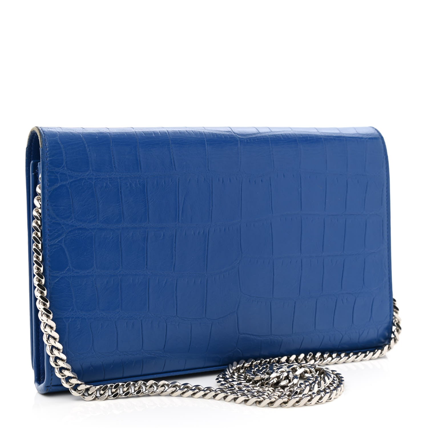 Saint Laurent Calfskin Crocodile Embossed Monogram Chain Wallet Royal Blue 3 of 13