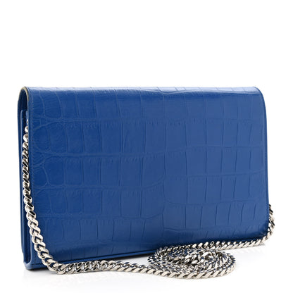 Saint Laurent Calfskin Crocodile Embossed Monogram Chain Wallet Royal Blue 3 of 13