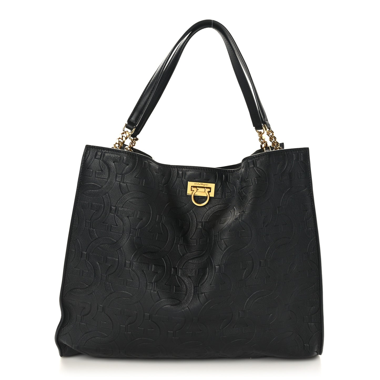 Calfskin Gancini Embossed Trifolio Tote Bag Black