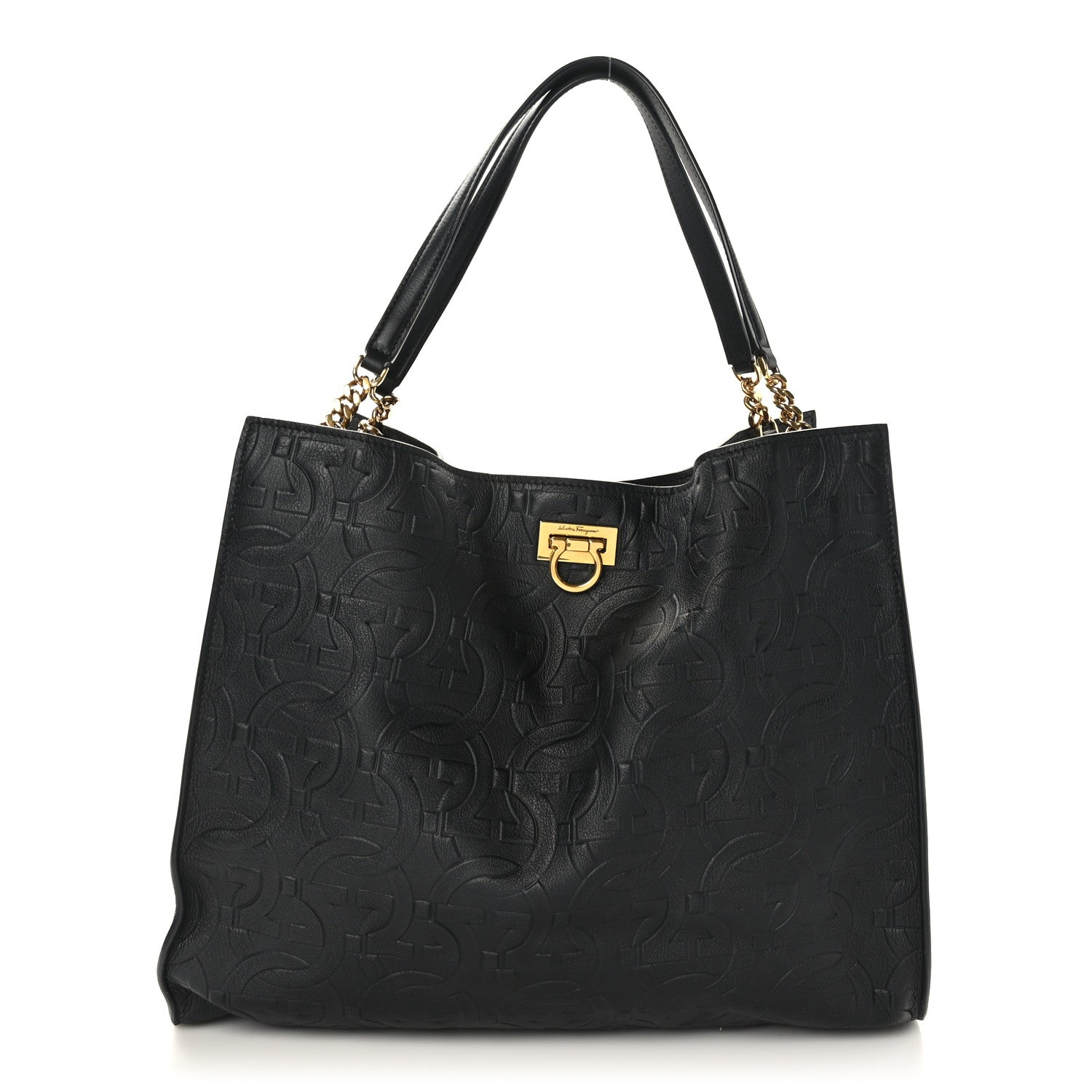 Salvatore Ferragamo Calfskin Gancini Embossed Trifolio Tote Bag Black 1 of 9
