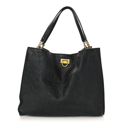 Salvatore Ferragamo Calfskin Gancini Embossed Trifolio Tote Bag Black 1 of 9