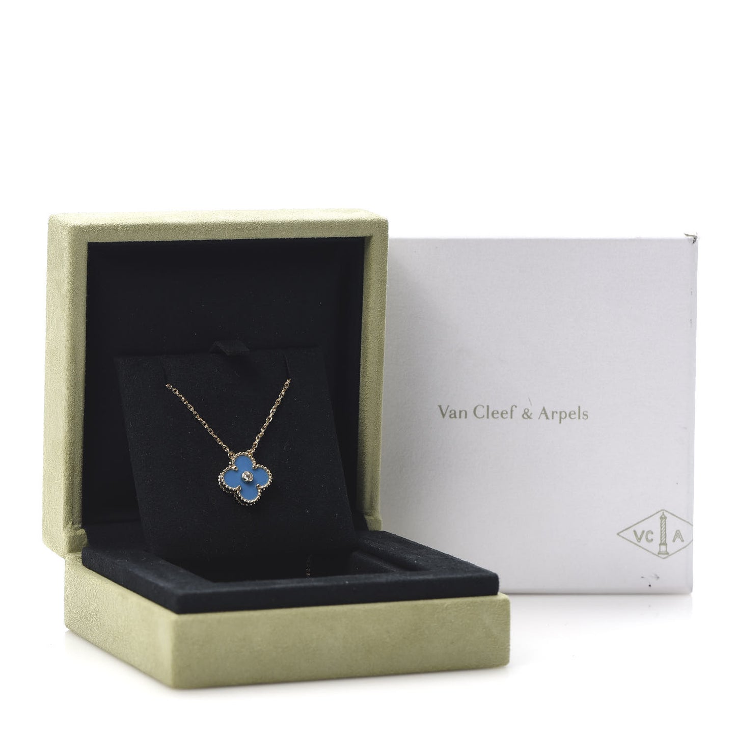 18K Yellow Gold Diamond Celestial Blue Sevres Porcelain Vintage Alhambra Pendant Necklace