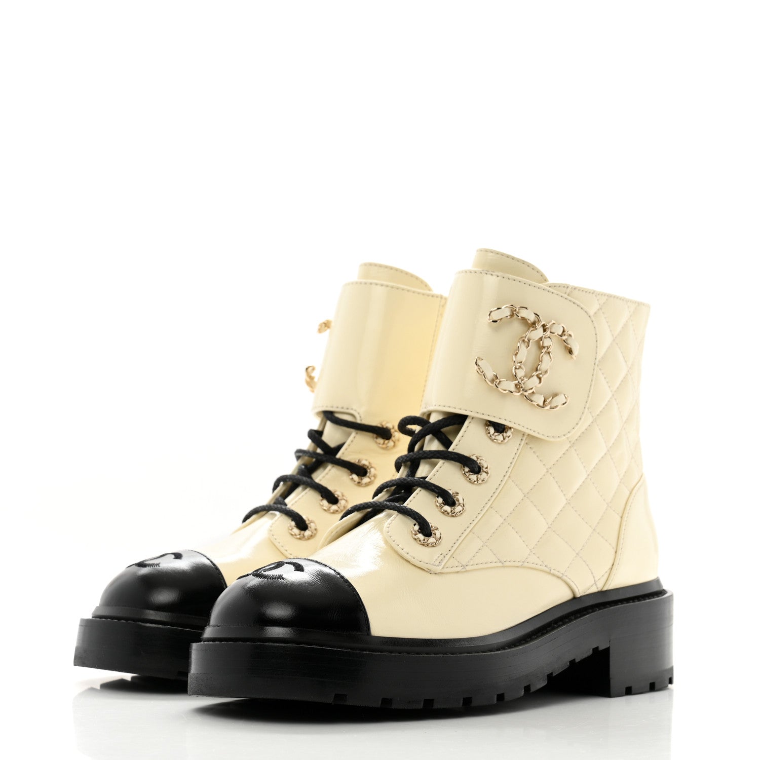 Chanel Shiny Calfskin Quilted Lace Up Combat Boots 37 Ivory Black