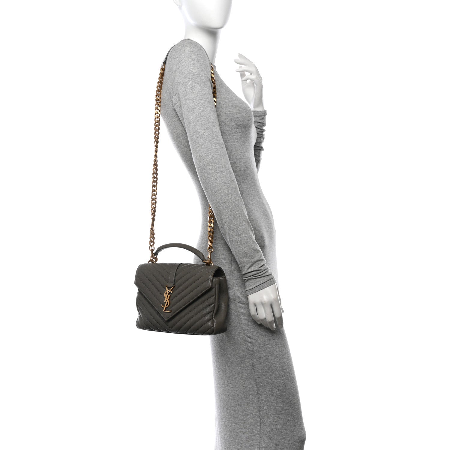 Saint Laurent Sheepskin Matelasse Chevron Monogram Medium College Bag Grey Kaki 2 of 10