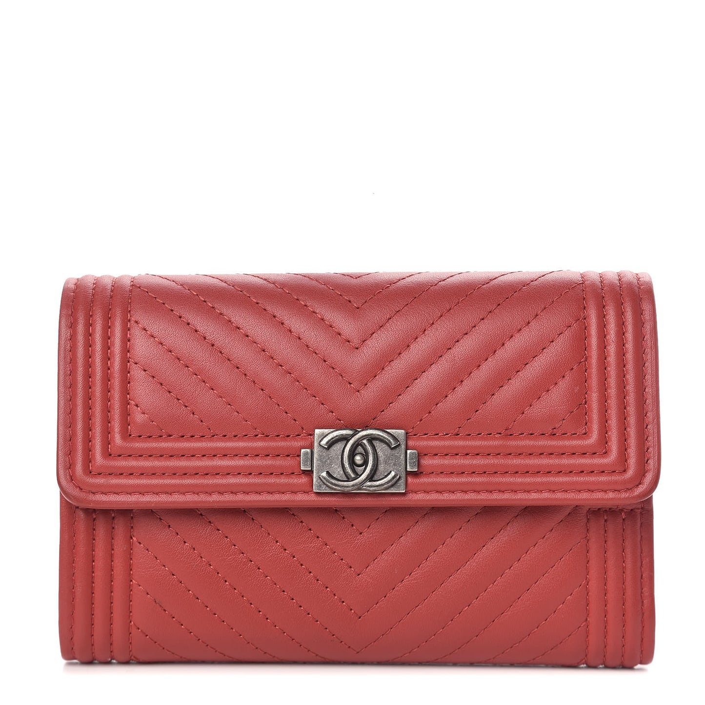 Calfskin Chevron Quilted Medium Boy Flap Wallet Dark Red