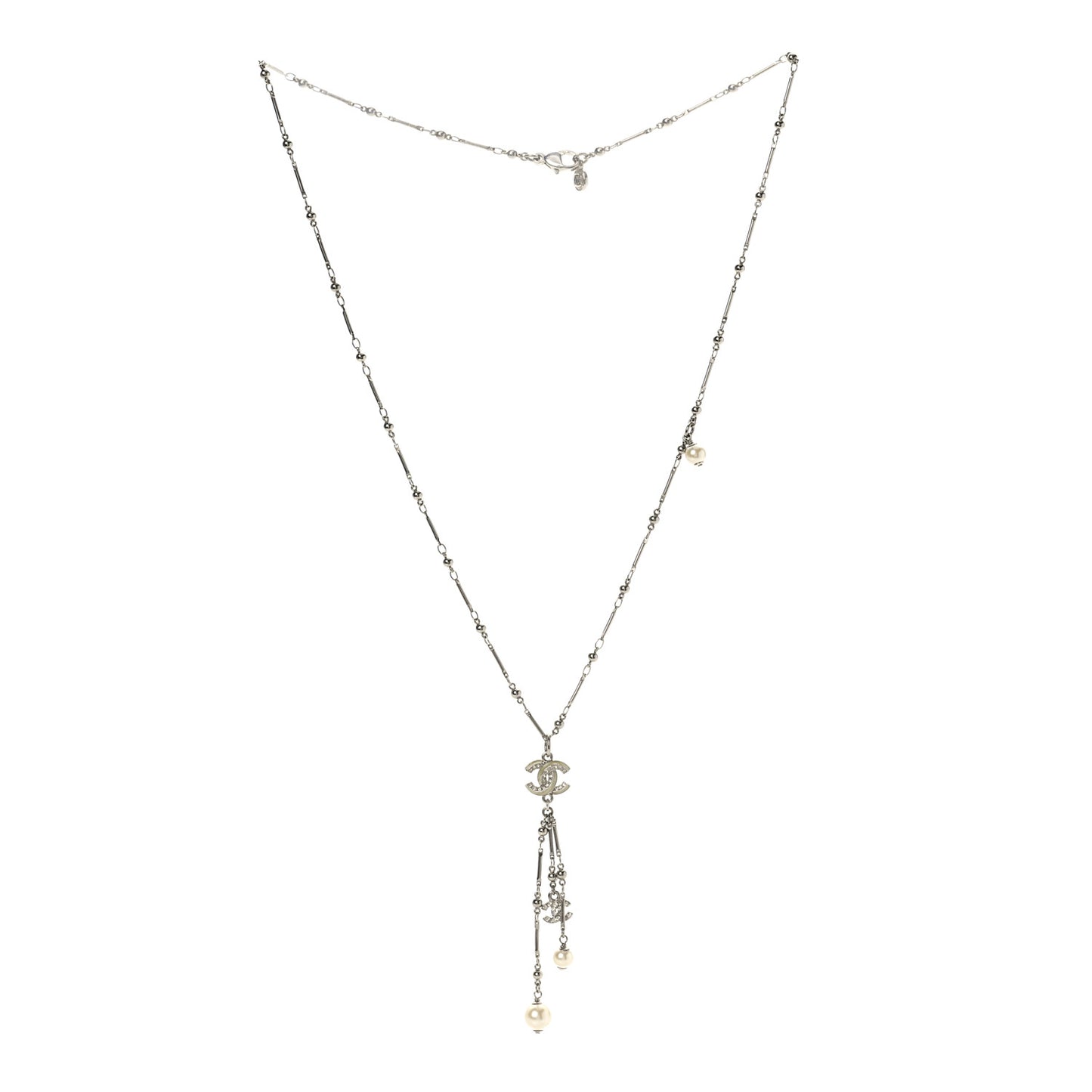 Crystal Pearl CC Beaded Long Necklace Silver