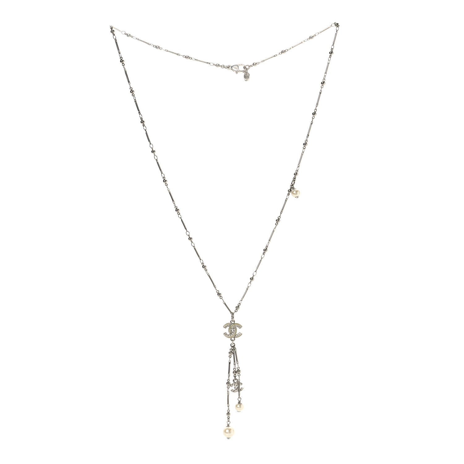 Chanel Crystal Pearl CC Beaded Long Necklace Silver 3 of 5