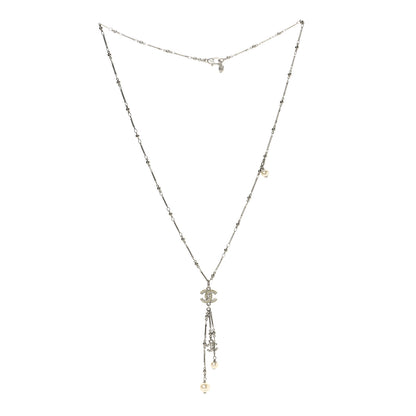 Chanel Crystal Pearl CC Beaded Long Necklace Silver 3 of 5
