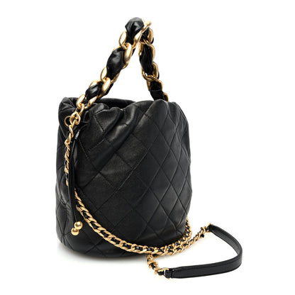 Chanel Shiny Lambskin Quilted Small Chain Is More Drawstring Bag Black 3 of 10