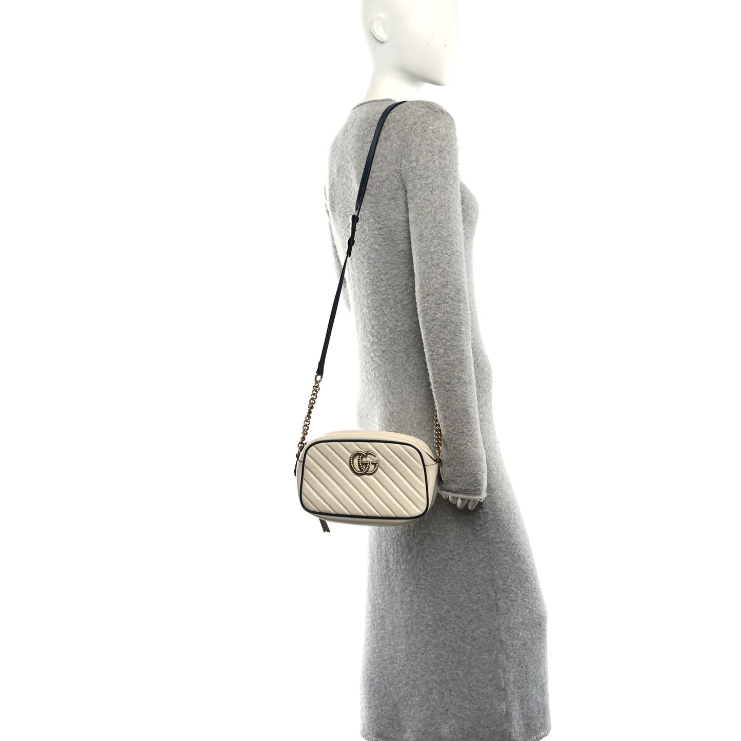 Vintage Effect Calfskin Matelasse Diagonal Small Torchon GG Marmont Chain Shoulder Bag Mystic White Blue Agata
